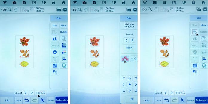 Three screenshots showing three leaves in a design grouping. Brother Luminaire XP