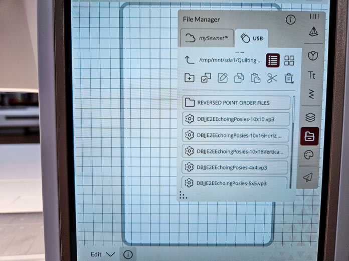 A screen on a computerized sewing machine shows various embroidery files available for stitching. Husqvarna VIKING DESIGNER EPIC 3 sewing and embroidery machine, Husqvarna VIKING 6in/15.2cm Applique Scissor, Husqvarna VIKING Open Toe Presser Foot for IDF System, Husqvarna VIKING Mega Turnable Hoop 450 mm x 450 mm, Husqvarna VIKING Tear-a-Way Extra Wide Stabilizer 24" x 10 Yards, Husqvarna VIKING Cut-a-Way Extra Wide Stabilizer 24” x 10 Yards, SULKY Slimline Metallic Dream Assortment