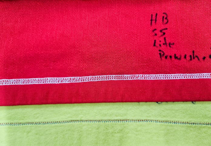 A red fabric with white stitching and a yellow fabric with blue and red stitching; HeatnBond, fusible web, sewing, applique, quilting, hemming, fabric adhesive, SoftStretch, Lite, Featherlite, Ultra, sewing tips, crafting, fabric experiments