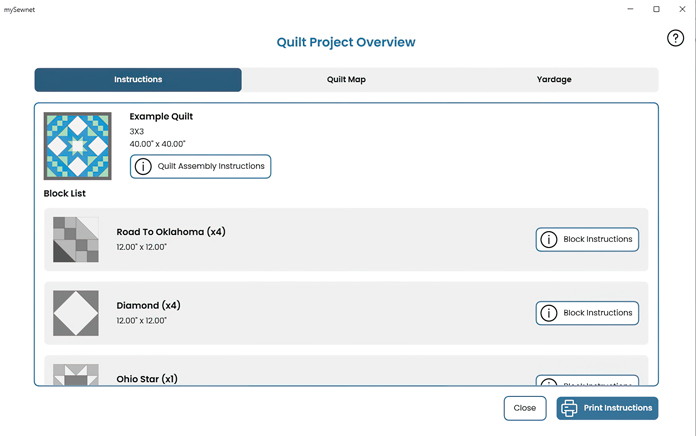 The page in the mySewnet Quilting Software that shows subsections of instructions, quilt map, yardage, each with a subsection for each block used, and the ability to choose print the information needed; quilting, mini quilt, mySewnet Quilting Software, digital quilting, quilt design, beginner quilting, quilt planning, fabric yardage, quilting techniques, embroidery and quilting