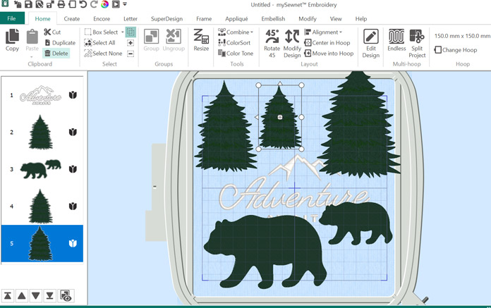 A screenshot of machine embroidery software with three trees and two bears inside an embroidery hoop; Husqvarna Viking Designer Ruby 90