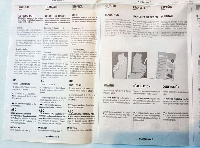 A paper pattern with writing and garment diagrams