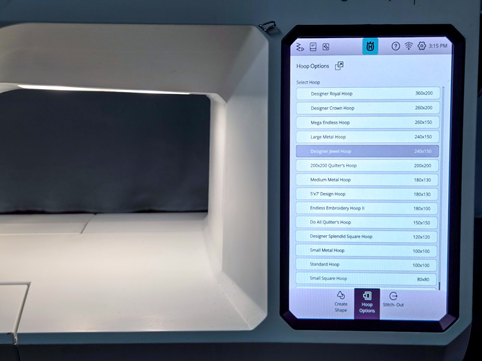 A screen on a computerized sewing machine; Husqvarna VIKING Designer Topaz 65