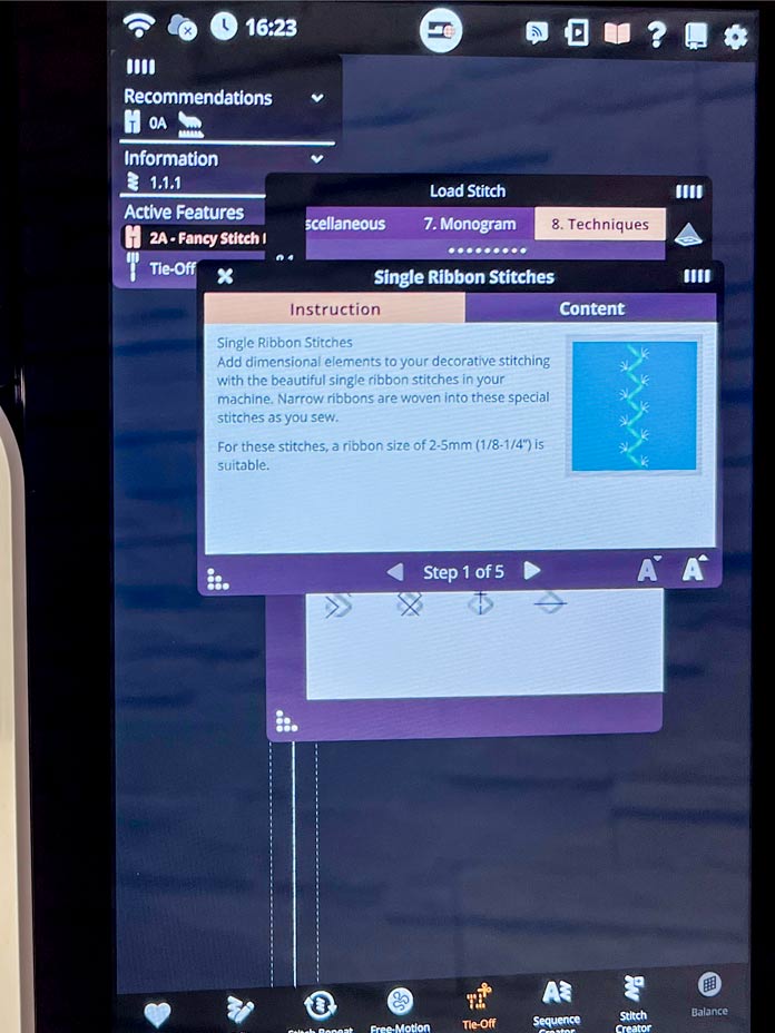 Close-up of the PFAFF creative icon 2 screen displaying on-screen instructions for Single Ribbon Stitches. The text explains how narrow ribbons are woven into the decorative stitches during sewing. It specifies that ribbon sizes between 2–5mm (1/8"–1/4") are suitable. The screen is in Sewing Mode with the “2A - Fancy Stitch” foot selected, and features like “Needle Down” and “Tie-Off Beginning” are active. The stitch path illustration and step-by-step guide icons are also visible at the bottom of the instruction panel. 
