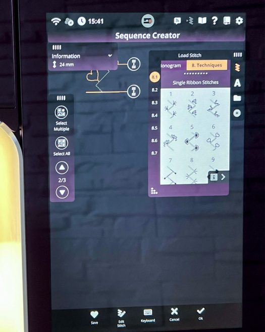 Close-up of the PFAFF creative icon 2 screen in the Sequence Creator mode, displaying the process of building a custom stitch sequence using the Exclusive Single Ribbon Stitches from Category 8 – Techniques. Stitch #8.1.6 is shown selected, with a stitch width of 24 mm indicated in the information panel. The left panel shows options for selecting and arranging multiple stitches. The Sequence Creator interface is open with clear visibility of the stitch library, sequence layout, and menu icons, all presented on the machine’s full-color touchscreen.
