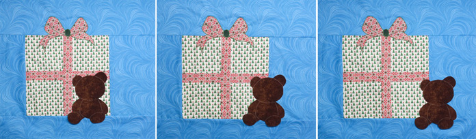 Three images showing different placements of the fabric teddy bear on a Christmas-themed fabric wall hanging; Odif 808 Spray and Fix Temporary Adhesive for Paper Patterns, Odif 606 Spray and Fix No-sew Fusible Adhesive Web, Odif 404 Spray and Fix Permanent Repositionable Adhesive for Craft Material, Odif 505 Temporary Quilt Basting Adhesive Fabric Spray
