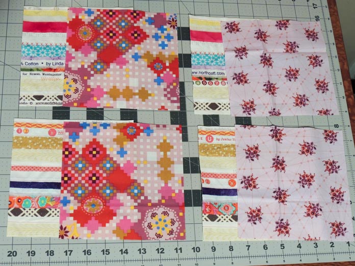 Four selvage squares are matched with a fat quarter square. PFAFF performance icon, ¼ Inch Quilting Foot for IDT System