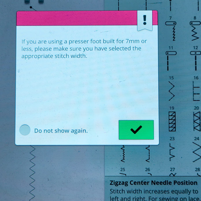 A pop-up message on a computerized sewing machine; Husqvarna Viking Designer EPIC 2