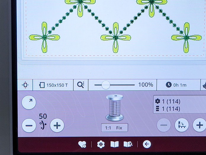 Icons on the screen of a computerized embroidery machine; Husqvarna Viking Designer Ruby 90