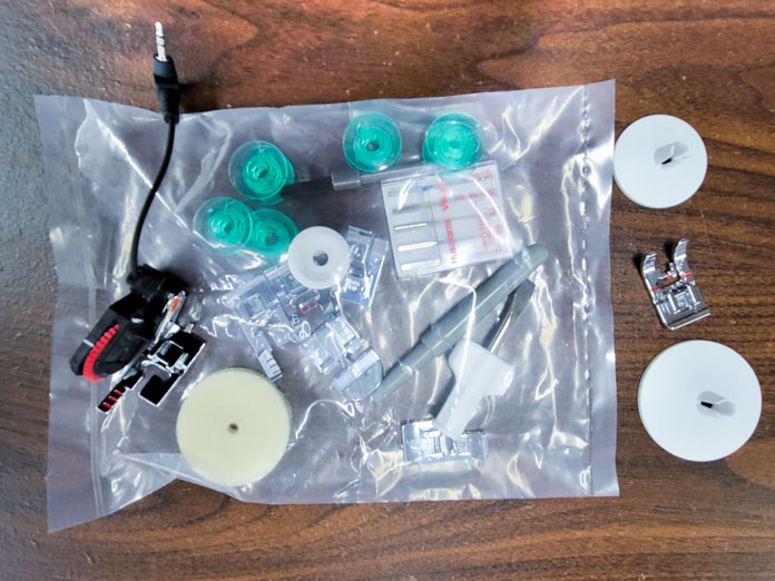 A bag of accessories for a sewing machine