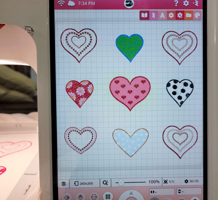 Nine colored hearts on the screen of a computerized embroidery machine; Husqvarna Viking DESIGNER EPIC 2