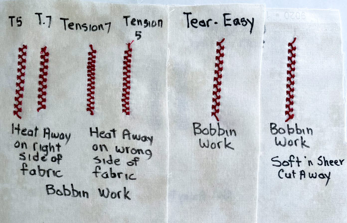 Sample decorative stitches with red thread on the front of the fabric with 3 different stabilizers on the back; Sulky Stabilizers