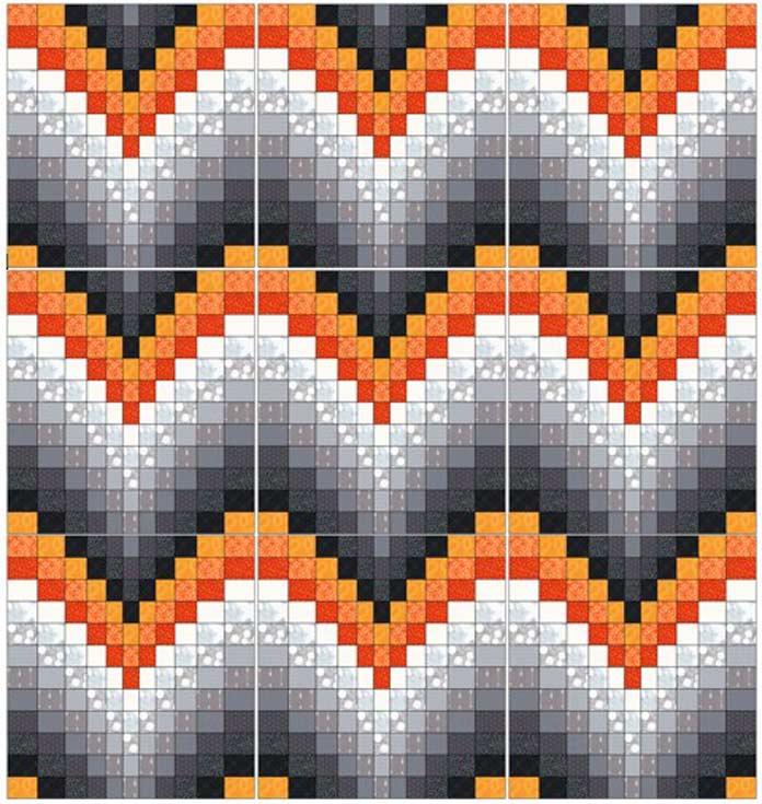 Bargello blocks laid out with grey sections down make a throw size quilt
