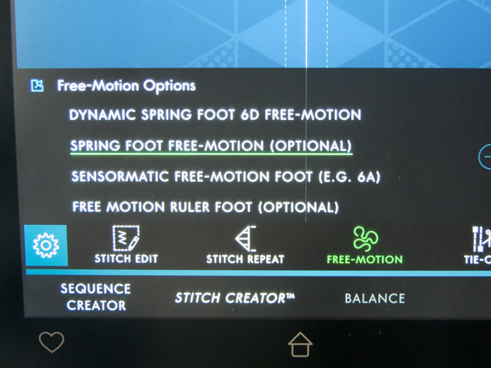 Free-motion quilting menu options on the screen of a computerized sewing machine. PFAFF performance icon sewing machine, PFAFF Open Toe Free-Motion Foot
