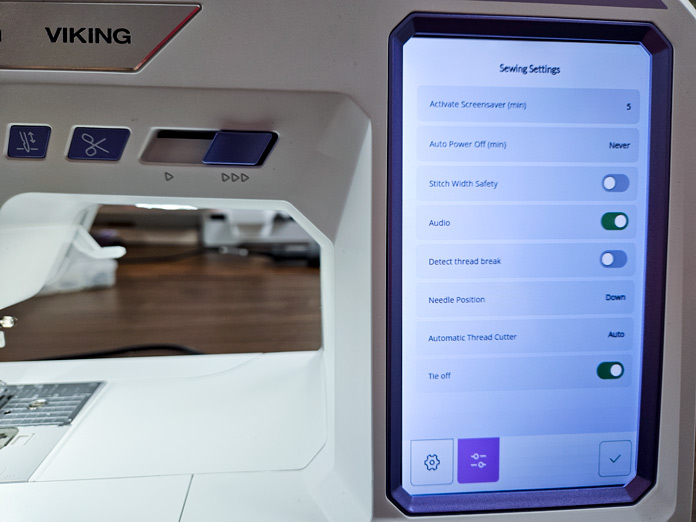 A sewing settings screen on a computerized sewing machine; Husqvarna VIKING Designer Quartz 29, mySewnet Machine Embroidery Software, Husqvarna VIKING Tear-a-Way Light Stabilizer 15 Inches x 25 Yards