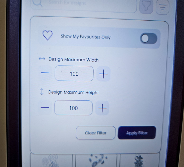 A setting screen showing design parameters on a computerized sewing and embroidery machine; Husqvarna VIKING Designer Quartz 29, mySewnet Machine Embroidery Software, mySewnet Library, Husqvarna VIKING Tear-a-Way Light Stabilizer 15 Inches x 25 Yards