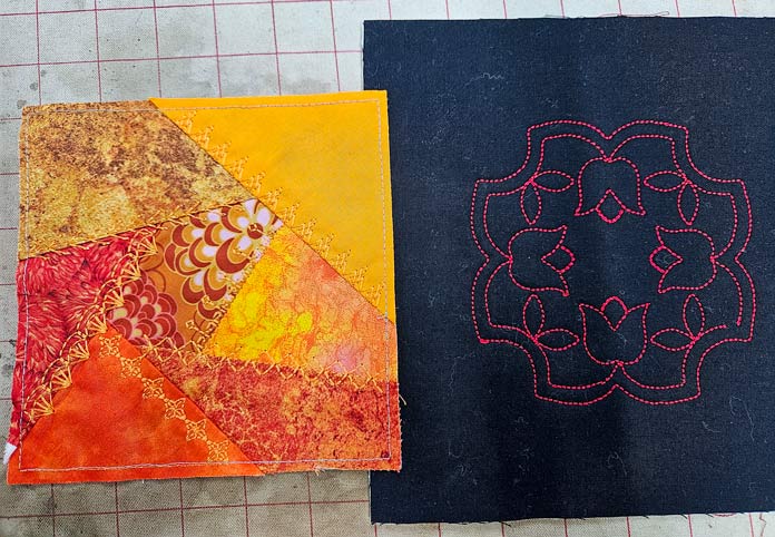 An orange quilt block and red stitching on black fabric; machine embroidery, quilting, applique, cutwork embroidery, free-standing lace, embroidery techniques, HUSQVARNA VIKING, Designer Epic 3, mySewnet, JoyOS Advisor