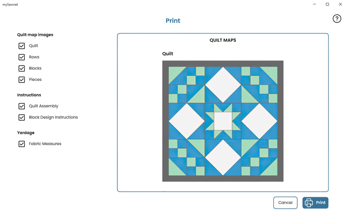 an image showing a picture on the right of the mini quilt designed in mySewnet Quilting Software and on the left a checklist of pictures and instructions, that you can choose to print; quilting, mini quilt, mySewnet Quilting Software, digital quilting, quilt design, beginner quilting, quilt planning, fabric yardage, quilting techniques, embroidery and quilting