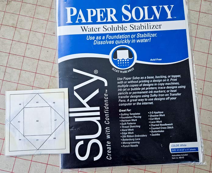 A paper pieced block stitched on Sulky Paper Solvy
