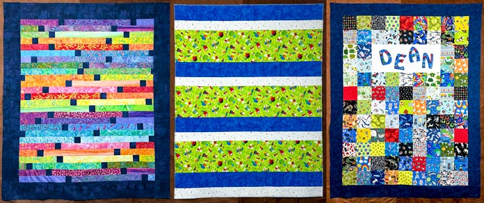 The Jelly Roll Quilt, the Quilt-As-You-Go Quilt, and the I Spy Quilt all finished and quilted too. All pieced, using the PFAFF admire air 7000 and admire air 7000 