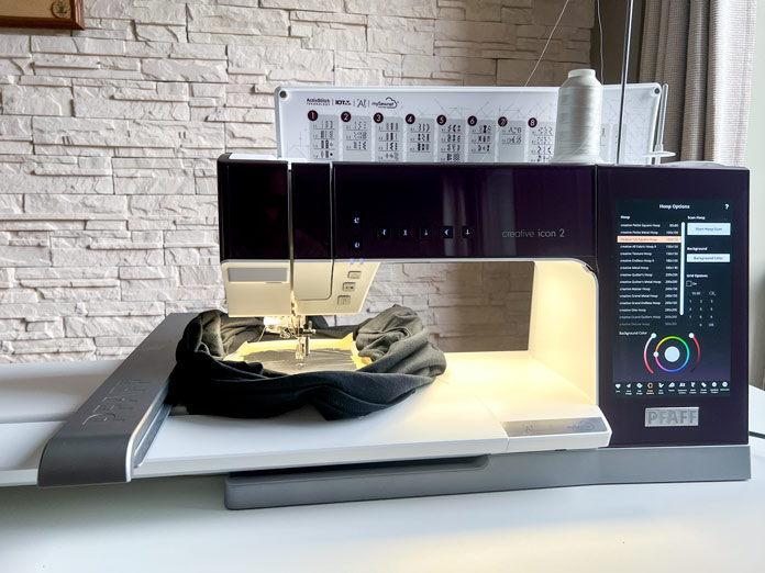 PFAFF creative icon 2 set up for T-shirt embroidery using 40wt polyester thread, 6D Dynamic Spring Foot, and PFAFF creative icon 2 120 Square Hoop (120 x 120 mm). The screen shows hoop selection and design ready to go.