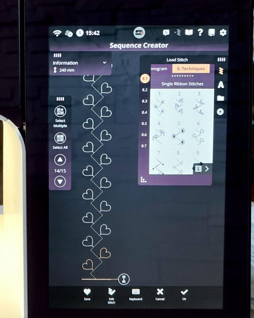 Sequence Creator screen on the PFAFF creative icon 2 showing Single Ribbon Stitch #8.1.6 from Category 8 – Techniques, duplicated ten times to build a custom 240 mm long sequence. The sequence consists of symmetrical heart motifs aligned in a vertical row. The stitch length is indicated in the upper-left corner of the screen. The full-color interface displays the stitch library, the selected stitch, and menu options including Save, Edit Stitch, and Cancel along the bottom. This step illustrates building a stitch line that fits within the 260 x 200 mm hoop, ensuring precise alignment and length control using the on-screen tools.