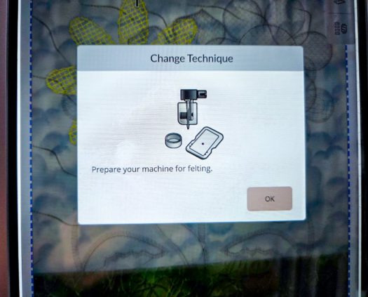 A pop-up message on a computerized embroidery machine