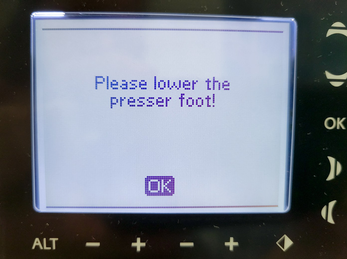 A pop-up message on a computerized sewing machine; Husqvarna Viking Tribute 150C