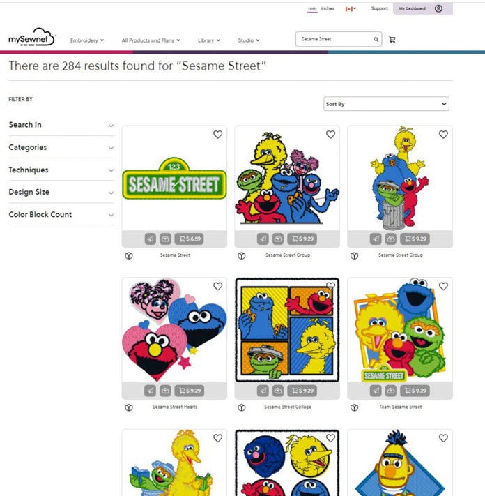 Picture of some of the 284 designs that are available in the Sesame Street designs Category. 