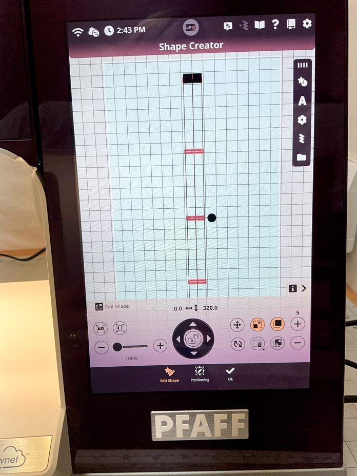 Shape Creator is used to create a straight-line shape and program 5 repeats of the buttonhole to program 5 perfectly spaced buttonholes for the buttonhole placket.