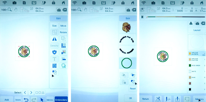 Three screenshots showing design element sequencing. Brother Luminaire XP1, Brother ScanNCut