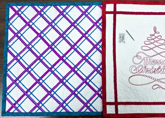 Purple, green, and fuchsia yarn plaid on white fabric, and a red and white wall hanging