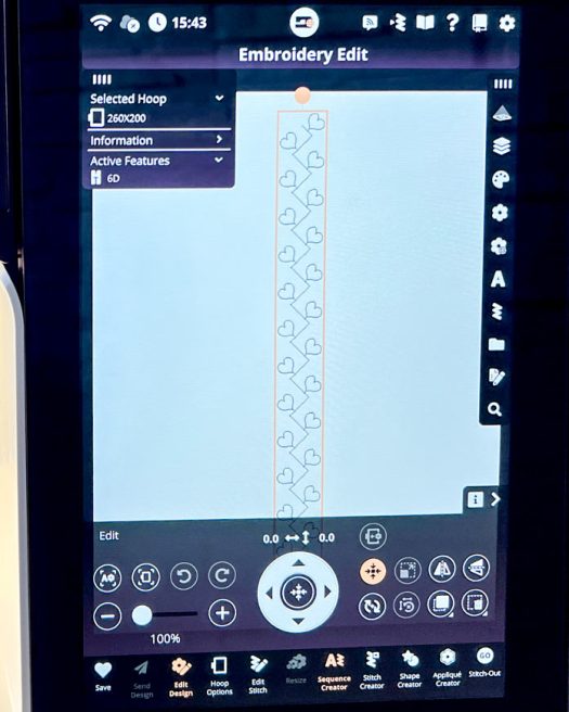 Embroidery Edit screen on the PFAFF creative icon 2, showing a vertical row of ten duplicated Single Ribbon Stitch #8.1.6 motifs, each measuring 24 mm, centered within the 260 x 200 mm Elite Hoop area. The design is ready for embroidery, with the center alignment tool accessed via the Edit Design interface. The control panel indicates 6D Dynamic Spring Foot is active, and the full-color touchscreen displays the stitch layout, hoop size, and precise position settings at the bottom of the screen.