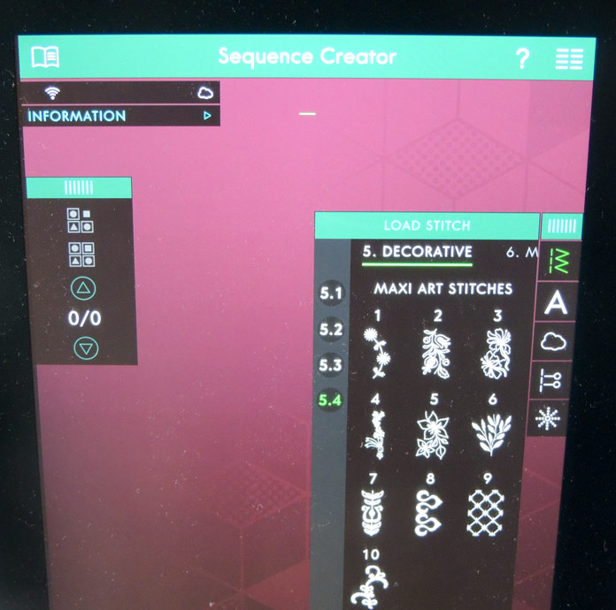 Sequence Creator screen on the PFAFF performance icon