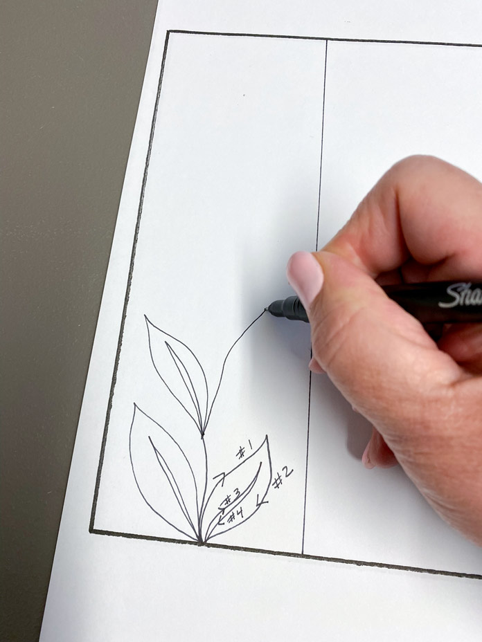 Leaf border design in black ink on white paper.