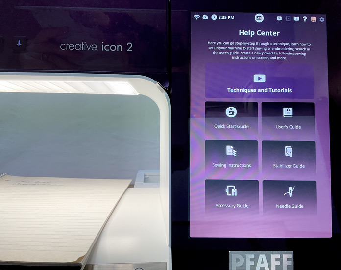 A computer screen on the PFAFF creative icon 2 showing the Help Center