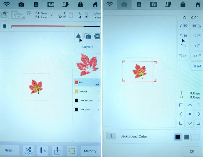 Two screenshots that show how to turn on the projection feature on the Brother Luminaire XP.