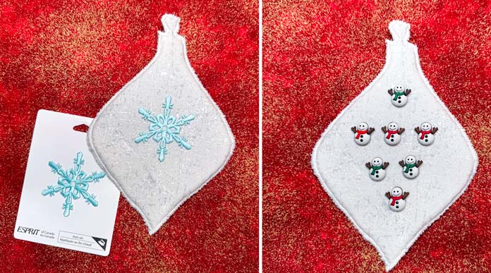 Two ornaments; one has an embroidered aqua-colored snowflake, and the other has seven snowman buttons. 