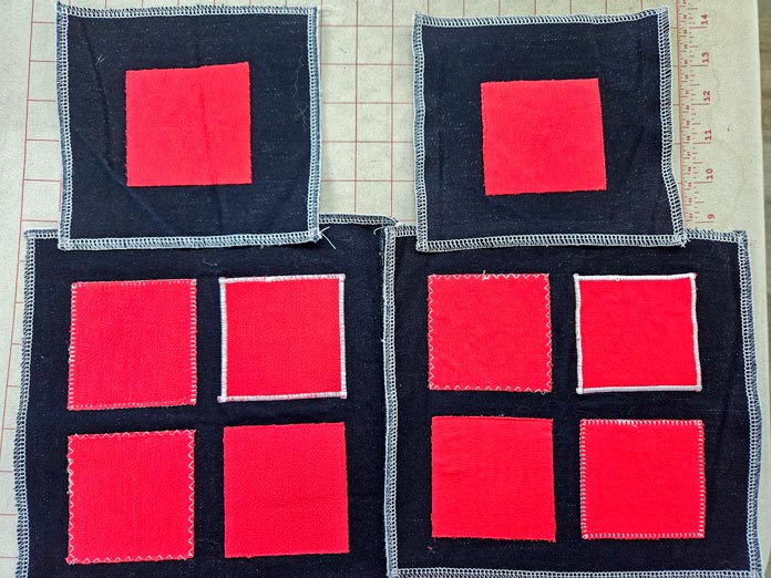 Red squares on blue denim; HeatnBond, fusible web, sewing, applique, quilting, hemming, fabric adhesive, SoftStretch, Lite, Featherlite, Ultra, sewing tips, crafting, fabric experiments