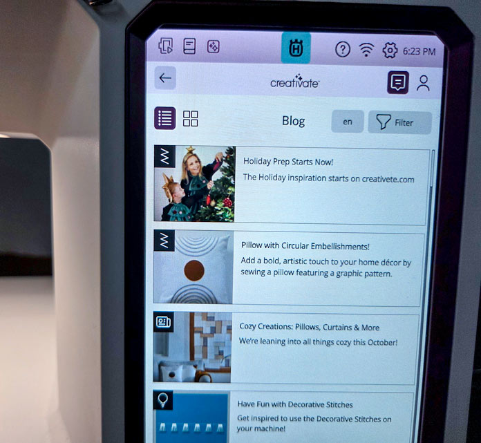 A screen on a computerized sewing machine; Husqvarna VIKING Designer Topaz 65