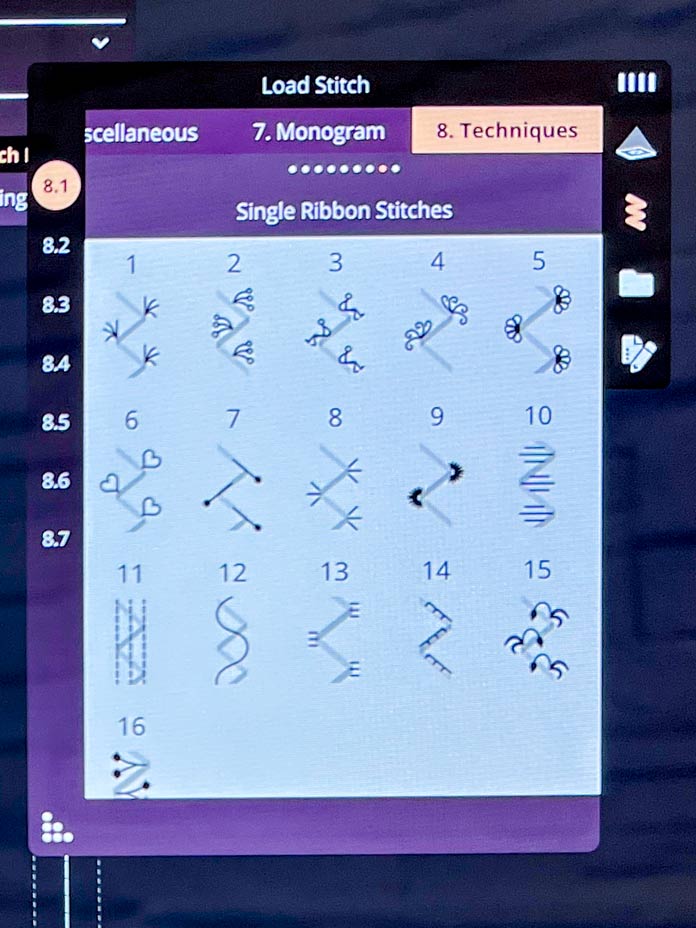 Close-up of the PFAFF creative icon 2 sewing machine 10.1-inch capacitive touchscreen displays all 16 decorative stitch options in the Single Ribbon Stitches group, located within the Exclusive Stitch Techniques menu. 