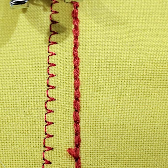 Two rows of red stitching on yellow fabric; Gütermann topstitching threads