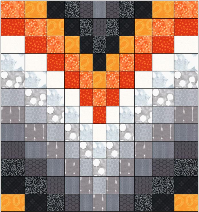Bargello layout diagram for one block in black, gray, white and orange fabric