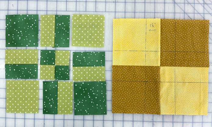 Squares cut from a Four-Patch block have been re-arranged to make a new design.
