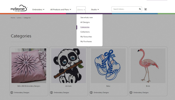 Picture of some of the Categories in the mySewnet Library. 360 x 350 Embroidery Designs has designs that will fit the 360 x 350 Pfaff Grand Dream Hoop.