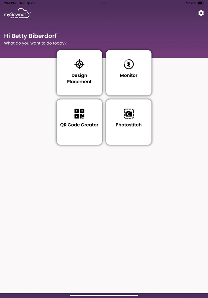 The opening screen of mySewnet App gives me the options of Design Placement, Monitor, QR Code Creator and Photostitch.