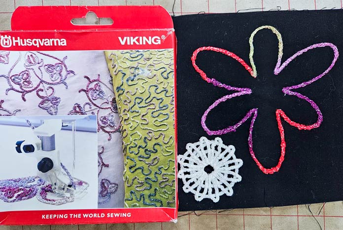 A box and two yarn-embellished embroidery examples; machine embroidery, quilting, applique, cutwork embroidery, free-standing lace, embroidery techniques, HUSQVARNA VIKING, Designer Epic 3, mySewnet, JoyOS Advisor