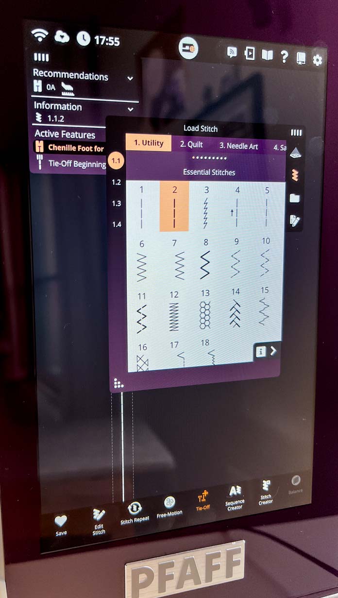 A purple model of the PFAFF creative icon 2 in Sewing mode with details of setting a stitch#2 Essential Stitches category from build-in stitch library