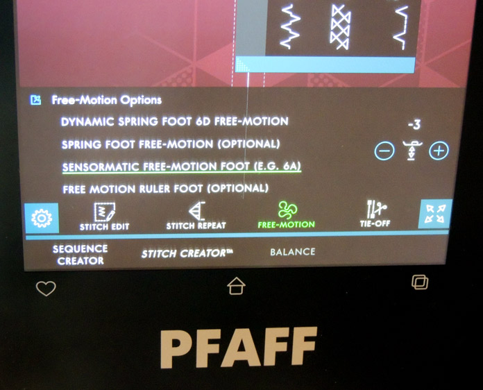 Free-motion quilting menu on the computer screen of the PFAFF performance icon.