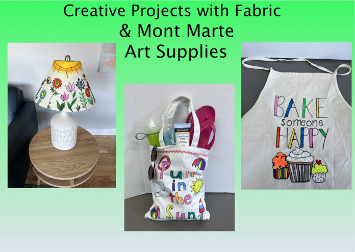 A picture showing the lampshade, beach tote and apron embellished this week with fabric paints, markers, and paint sticks; Mont Marte Fabric Paint Sticks, Fabric Fun Apron for Embellishment, Mont Marte Signature Fabric Paints, Mont Marte Signature Art Set, Gütermann Thread